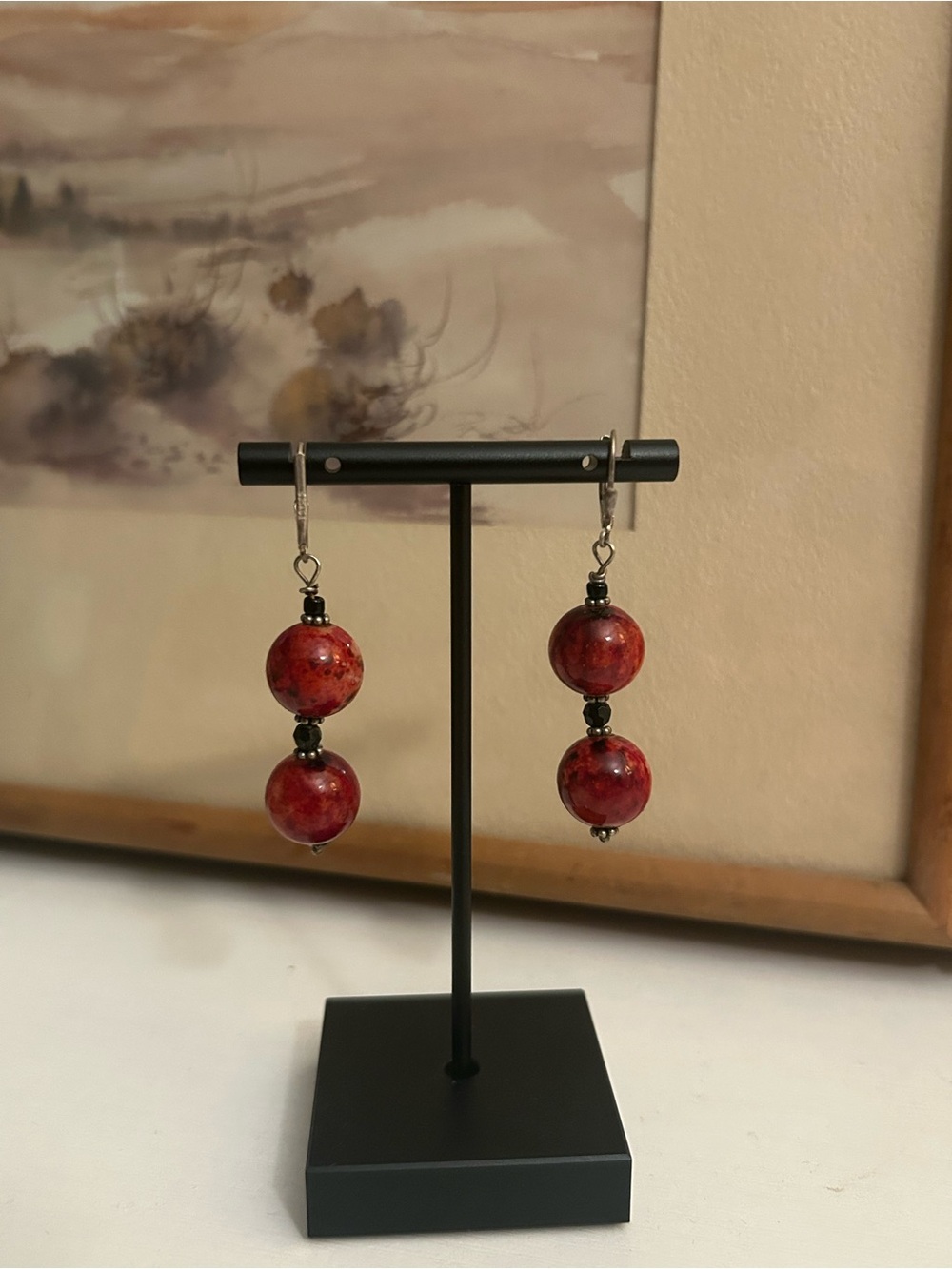 Vintage Red Bead Drop Earrings - Stamped “925ACI” Women Jewelry
